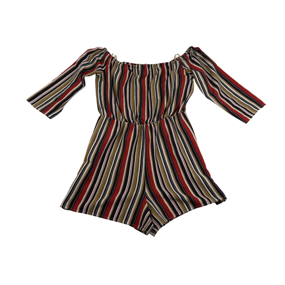 Purple Snow Womens Romper Large Red Navy Gold Striped Off Shoulder 3/4 Sleeve